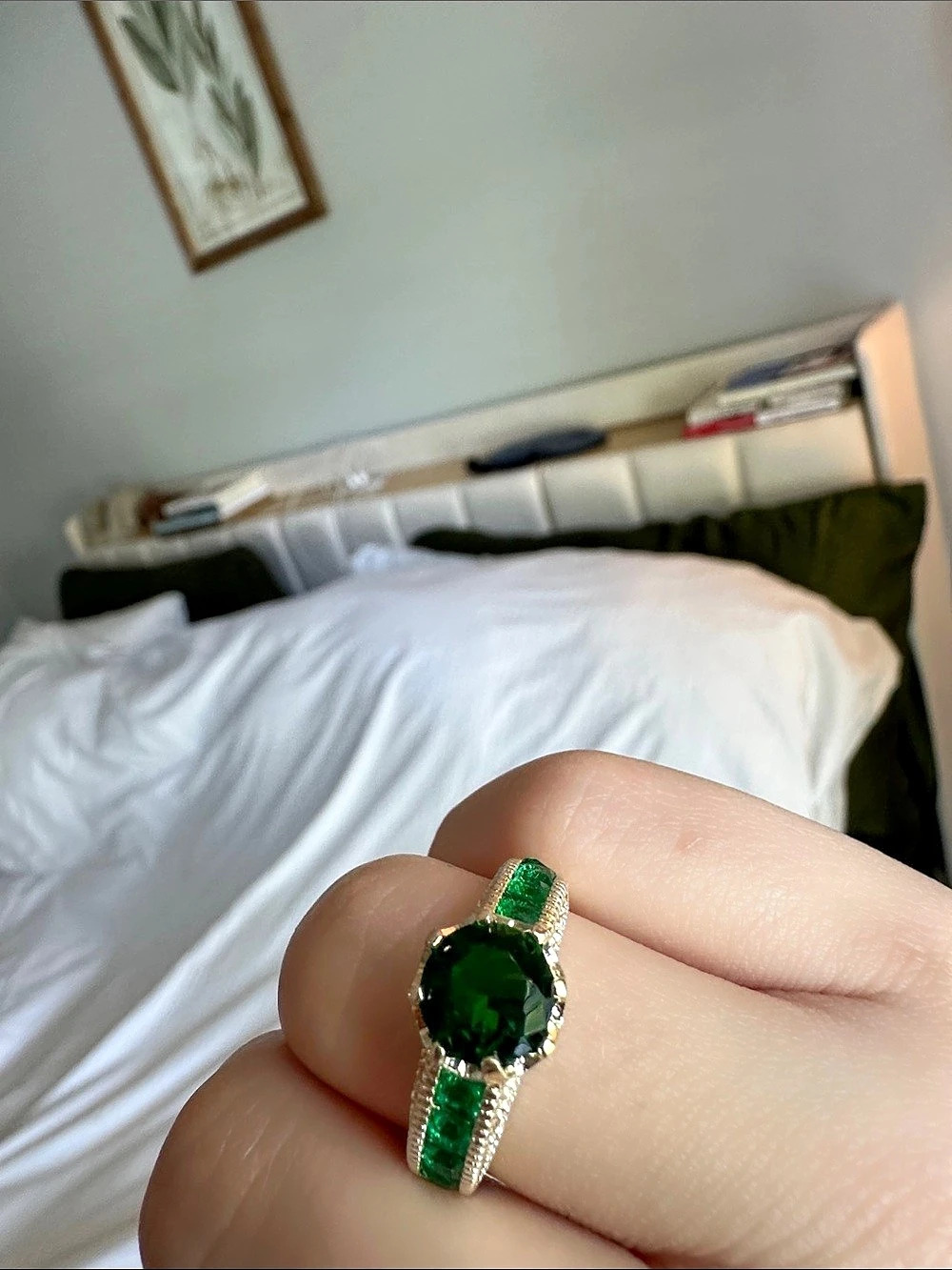 Faux Emerald and Diamond Silver-Tone Ring Like New